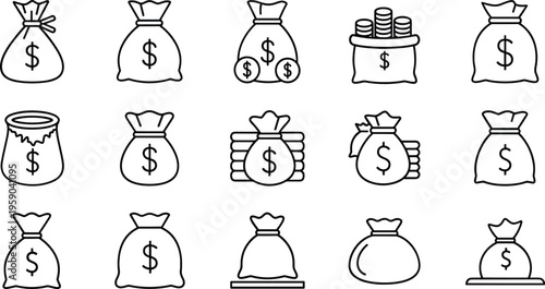 Money bag icon collection with dollar symbols and coin stacks, simple outline finance symbols in clean flat vector illustration set