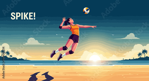 Dramatic Beach Volleyball Spike Action Depicted in Vivid Color with Sunset Backdrop