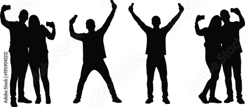 People silhouettes taking selfies with smartphones in different poses isolated black vector illustration representing modern social media lifestyle and communication