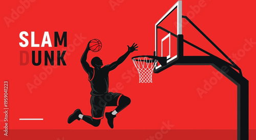 Dramatic Silhouette of Basketball Player Performing a Slam Dunk With Bold Color Scheme