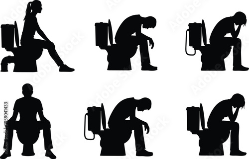 People sitting on toilet silhouette set bathroom problem constipation stomach pain digestive discomfort male female vector illustration collection