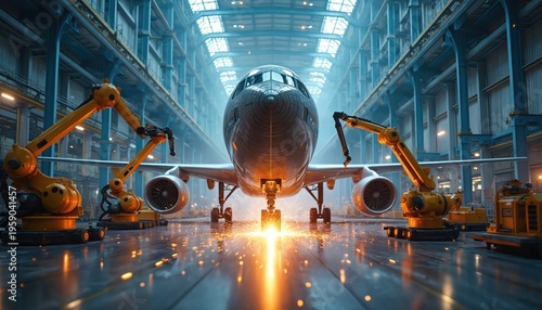 Automated robotic arms weld airplane fuselage in modern factory. Yellow machines build aircraft structure with sparks flying. Precision engineering process for aviation industry construction.