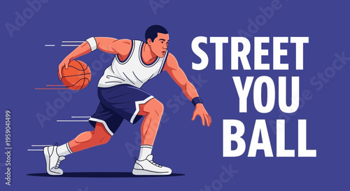 Dynamic Athletic Basketball Player In Motion On Court With Bold Typography
