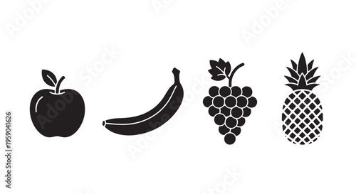 Fruit Icon Set Apple Banana Grapes Pineapple, Simple Solid Black Food Icons, Clean White Background