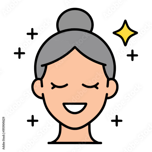 Happy Woman With Bun Sparkles Flat UI Icon