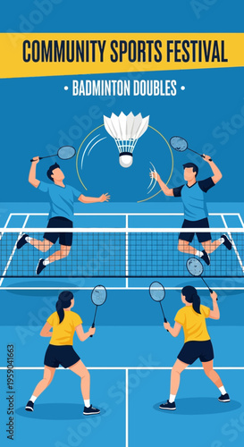 Dynamic Badminton Doubles Match At Community Sports Festival Event