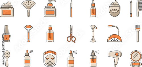 Beauty and Skincare Tools Vector Set with Cosmetics, Makeup Accessories, Facial Care Products, and Salon Equipment Illustrations for Personal Care Design