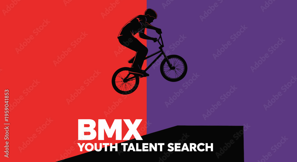 Fototapeta premium Dynamic BMX Stunt: Youth Talent Search on Bold Red And Purple Backgrounds