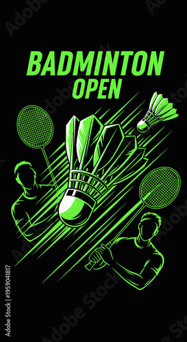 Dynamic Badminton Open Championship Graphic Art Design With Shuttlecock And Racquets