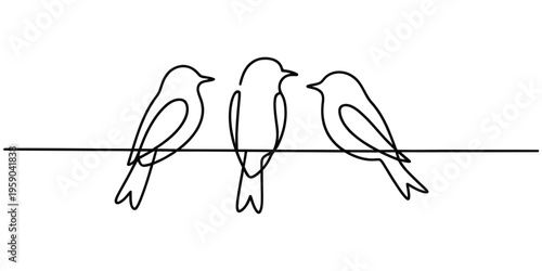 Konstfotografi A continuous line drawing illustration featuring three small birds resting on a