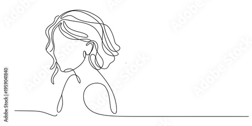 Minimalist continuous line drawing of a woman with short wavy hair looking down in profile view