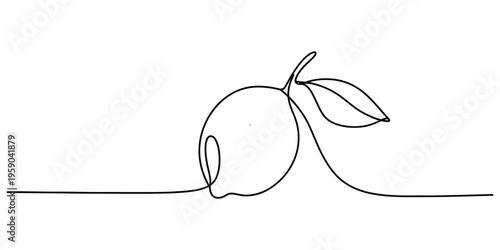 A single continuous line drawing of a fresh lemon fruit with a small leaf attached to the stem