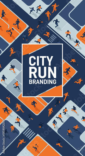 Dynamic City Run Branding: A Vibrant Illustration of Urban Runners and Modern Design