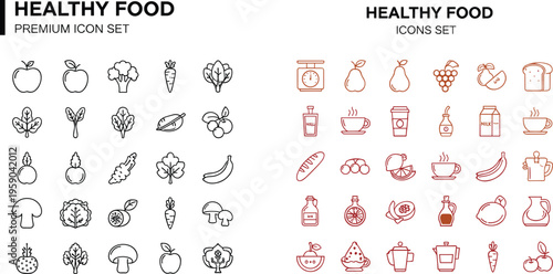 Healthy food icons set with fruits, vegetables, drinks and organic nutrition symbols outline and line vector illustration collection