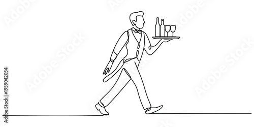 Continuous line drawing of a professional waiter carrying a tray with wine bottles and two glasses