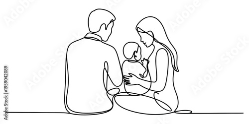 Continuous line drawing of a father and mother sitting together with their young baby at home