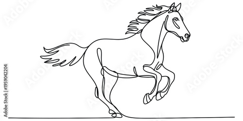 A graceful continuous line drawing of a galloping horse captured in a dynamic and fluid motion