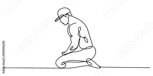 A single continuous line drawing of a muscular man kneeling down while wearing a baseball cap hat