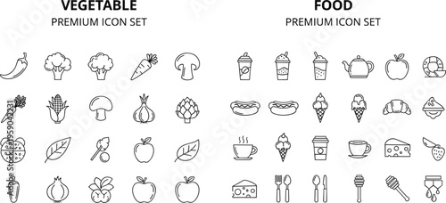 Vegetable and food icons set with fruits, drinks, desserts and kitchen items outline vector illustration collection