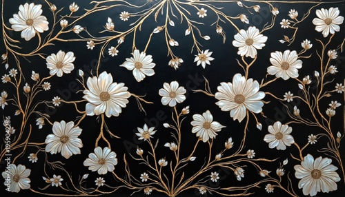 Editorial illustration of Korean mother-of-pearl patterns. White flowers bloom on a black background with gold branches. Intricate inlay art is decorative and ornamental.