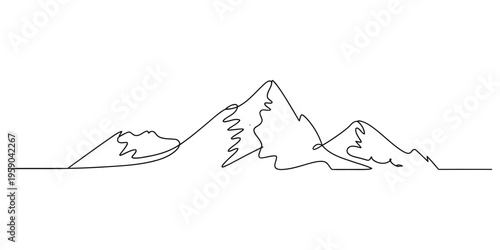 Minimalist continuous line drawing of a majestic mountain range featuring jagged snow capped peaks