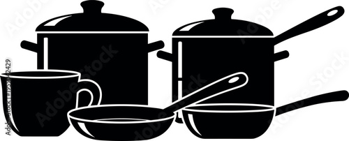 Cooking pots pans and kitchenware silhouette set in minimalist black vector illustration