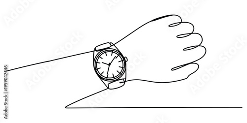 A single continuous line drawing of a person looking at the time on their wrist watch accessory
