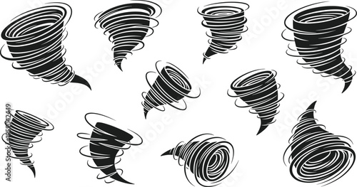 Black Tornado Spiral Vector Set with Dynamic Twister Storm Shapes, Cyclone Vortex Illustrations, and Extreme Weather Disaster Design Elements