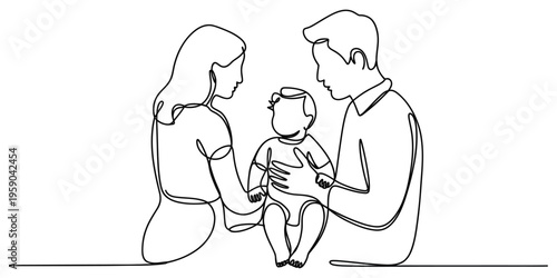 A single continuous line drawing of a loving mother and father holding their young baby together