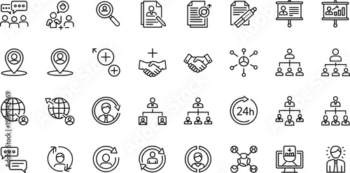 Business communication and network icons set with teamwork, hierarchy, documents and global connection symbols outline vector illustration collection