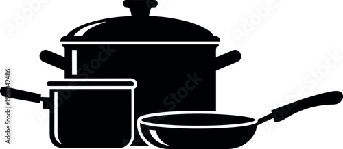 Cooking pot and frying pan silhouette illustration in minimalist black kitchen vector style
