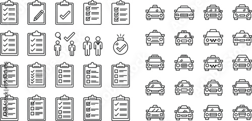 Checklist and taxi icons set with to do lists, task management and transport symbols outline vector illustration collection