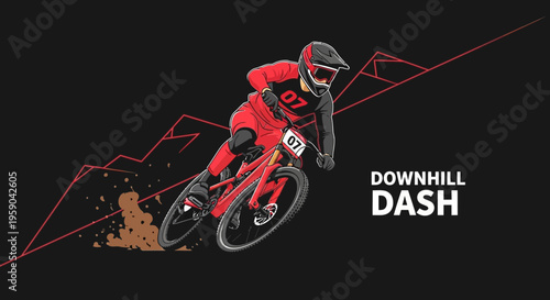 Dynamic Downhill Mountain Biker Action Illustration In Vibrant Red Hues
