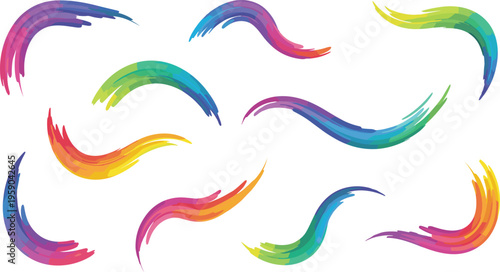 Colorful Paint Brush Stroke Set with Abstract Curved Swashes, Gradient Waves, and Artistic Liquid Shapes for Creative Design Vector Illustration