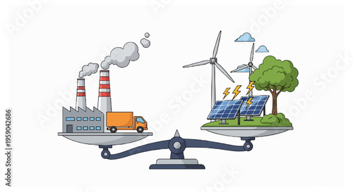 A grey balance scale tilts toward the right side which contains wind turbines and solar panels while the left side holds a factory and orange truck.
