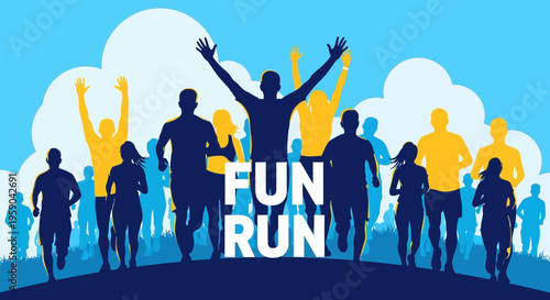 Dynamic Fun Run Silhouette Gathering Celebration And Joyful Motion