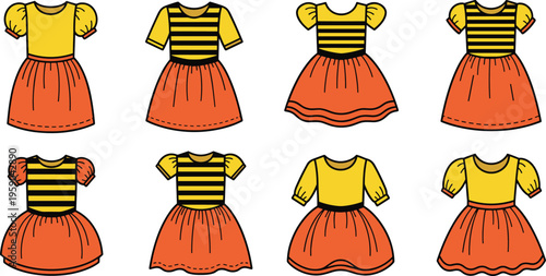 Cute Girls Dress Collection with Yellow Tops and Orange Skirts Featuring Striped Patterns, Puff Sleeves, and Fashion Outfit Vector Set for Kids Clothing Design