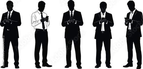 Set of businessmen using smartphones in different poses representing mobile communication digital technology corporate lifestyle modern office silhouette vector illustration