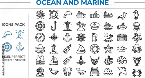 Ocean and Marine Outline Vector Icon Set — Sea Life, Nautical, Ship, Anchor and Coastal Symbols