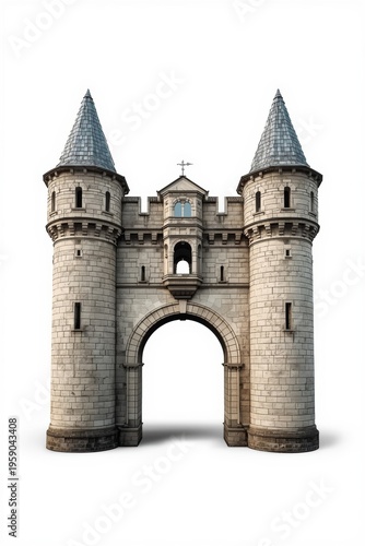 A majestic stone castle gatehouse with two tall towers isolated on a clean white background view