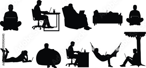 Set of people using laptops in different positions illustrating remote work digital nomad lifestyle flexibility technology silhouette vector illustration collection