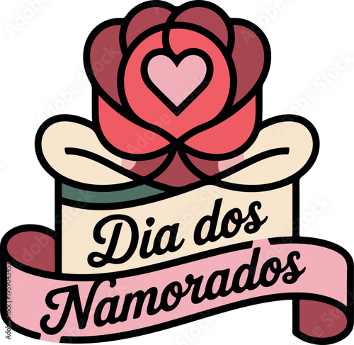 Red rose with heart and banner text Dia dos Namorados