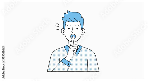 A young man with blue hair and a dotted shirt is making a silence gesture by placing his index finger over his mouth on a white background.