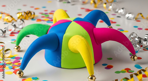 Multicolored jester hats with gold bells on confetti background festive party props