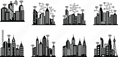 Smart city silhouettes skyline set with wireless network connections digital communication buildings urban technology infrastructure vector illustration collection
