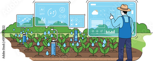 Smart farming vector illustration with farmer using digital dashboard soil sensors crop monitoring system and precision agriculture technology
