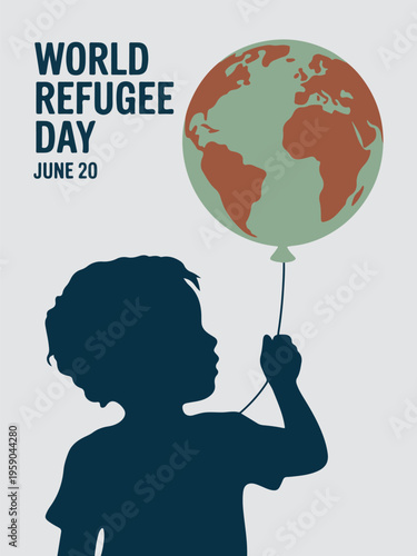 Silhouette child holding globe balloon world refugee day