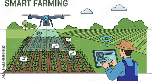 Smart farming vector illustration with agricultural drone crop monitoring wireless sensors farmer tablet control and precision agriculture technology