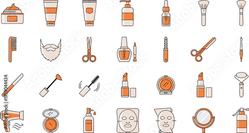 Makeup and Skincare Icon Collection with Cosmetics, Beauty Tools, Facial Products, and Salon Accessories for Personal Care Vector Illustration Set