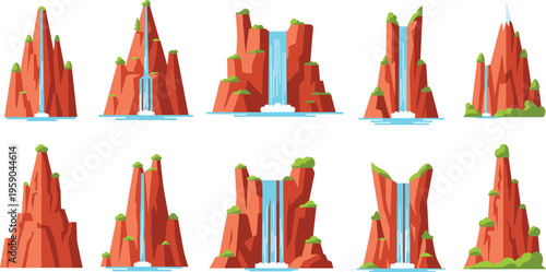 Red Canyon Mountain and Waterfall Vector Set with Stylized Rock Formations, Nature Landscapes, Cliffs, and Scenic Outdoor Environment Illustrations